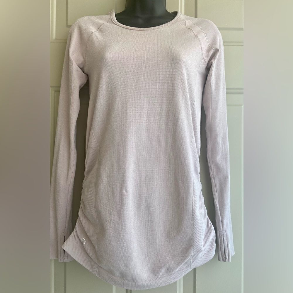 Athleta Speedlight Glow White Long Sleeve Top Size S Sparkly Ruched Sides